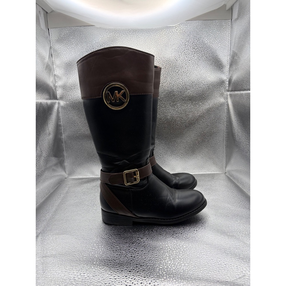 Michael Kors Kids Emma Blaire Black Brown Riding Boots Gold MK Logo Size 13 US
